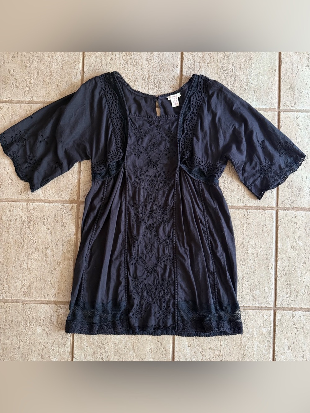 Sundance Embroidered Lace Eyelet Dress‎ Cover Up Black Boho Sz M Oversize Beach